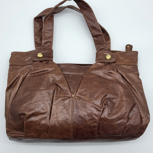 Vintage style brown leather pleated, top zipper closure large strap tote handbag - Picture 3 of 15
